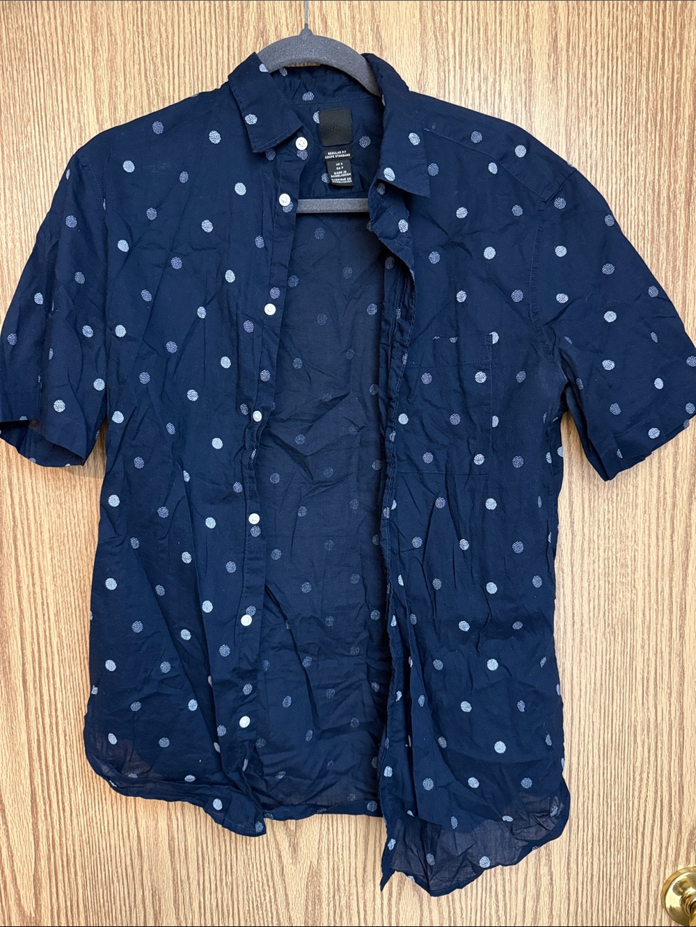 H&M Navy Short-Sleeve Button-Down with Light Polka Dots